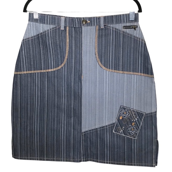 Patchwork Striped Denim Skirt with Embroidered Detail - Picture 1 of 11